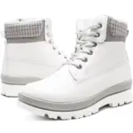 2025 New Arrivals Winter Snow White Boots for Women & Men: Height-increasing lace-up leather boots with grey padded collars and thick ridged soles, side by side on white—perfect for OEM and ODM customization.