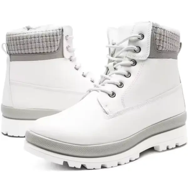 2025 New Arrivals Winter Snow White Boots for Women & Men: Height-increasing lace-up leather boots with grey padded collars and thick ridged soles, side by side on white—perfect for OEM and ODM customization.