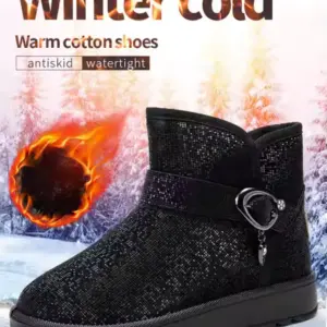 A pair of black wholesale OEM ODM plush thick waterproof faux fur ankle snow boots for women, featuring warm, antiskid, and watertight qualities, is displayed against a snowy forest backdrop.
