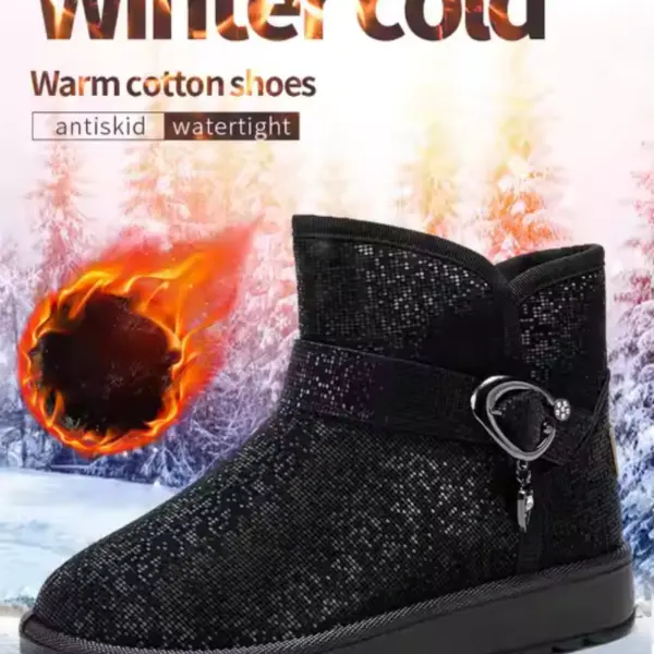 A pair of black wholesale OEM ODM plush thick waterproof faux fur ankle snow boots for women, featuring warm, antiskid, and watertight qualities, is displayed against a snowy forest backdrop.