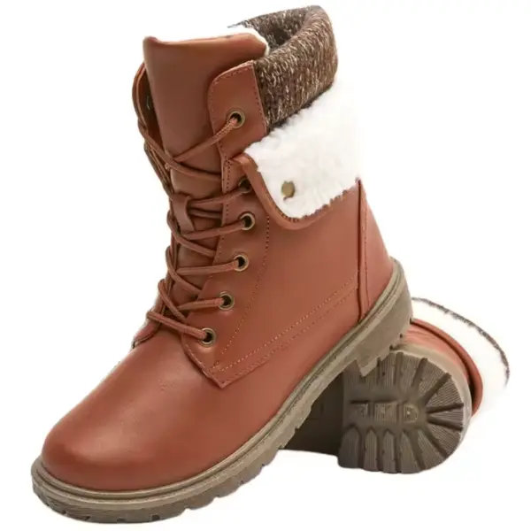 Wholesale Anti-Slip Lace-Up PU Upper Custom Designer White Winter Snow Boots for Women 2025, featuring textured soles, faux fur lining, and fold-over cuffs; available for OEM/ODM customization.
