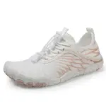 A breathable white children’s sneaker with light pink accents, elastic laces, and a textured sole—perfect for OEM/ODM customization. Outdoor, swimming, and beach flat anti-slip sports shoe design shown from a front-side angle.