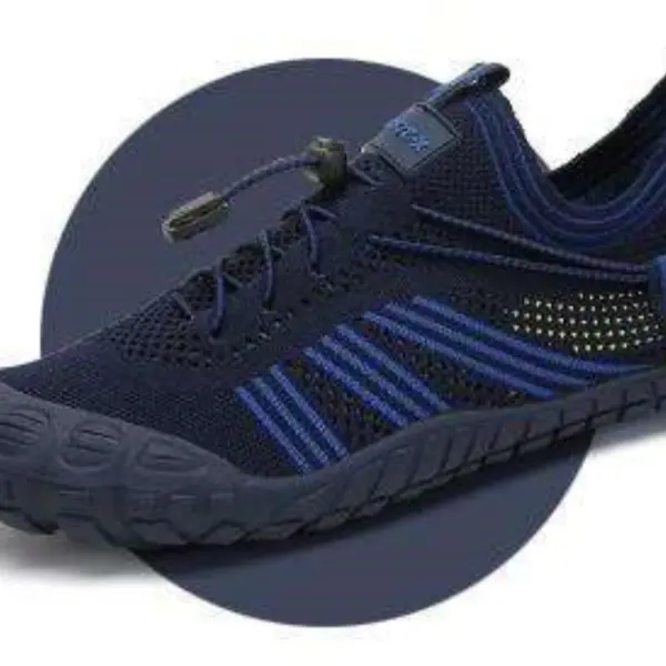 A pair of navy blue Customized Anti-slip Quick Drying Outdoor Shoes with flat mesh upper, blue accents, and toggle lace system is shown on a dark circular background—perfect for OEM and ODM customization.