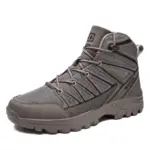 A gray high-top PU warm snow boot with mesh and synthetic overlays, thick treaded rubber sole, and lace-up closure is shown on a white background—ideal for OEM/ODM; wear-resistant, anti-slip hiking shoes for men.