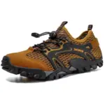 Brown and black outdoor hollow mesh hiking shoes with anti-slip EVA rubber sole, adjustable bungee lace—available for OEM and ODM customization.