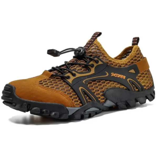 Brown and black outdoor hollow mesh hiking shoes with anti-slip EVA rubber sole, adjustable bungee lace—available for OEM and ODM customization.