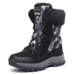 A single Wholesale Black Mixed Anti slip Women Snow Boot with lace-up front, plush lining, and thick TPR sole is shown against a white background—ideal for OEM and ODM large size orders.