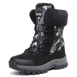 A single Wholesale Black Mixed Anti slip Women Snow Boot with lace-up front, plush lining, and thick TPR sole is shown against a white background—ideal for OEM and ODM large size orders.