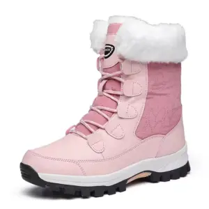 A solid pink winter lace-up snow boot with white faux fur trim, thick black anti-slip rubber sole, stitched detailing—ideal for OEM/ODM customization.