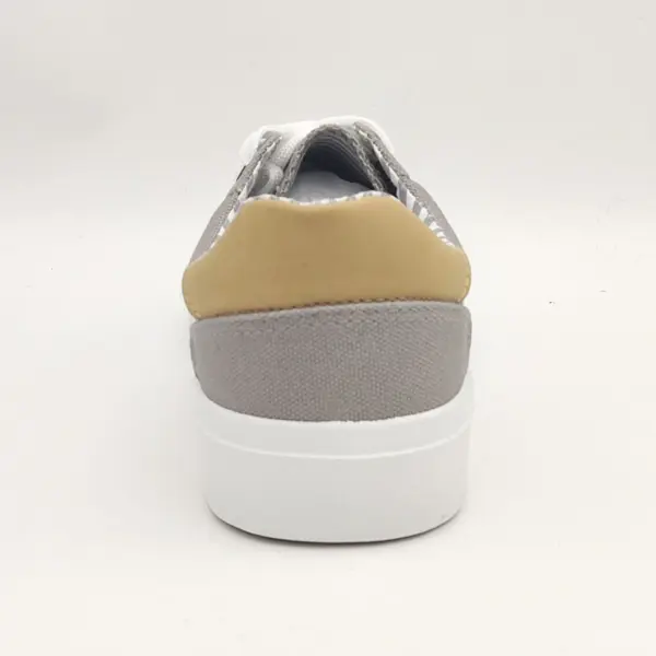 The New Arrivals Wholesale Band Vulcanized Fashion Leather Casual Canvas Shoes for Men features a grey design with a tan heel patch, white sole, and white laces—perfect for OEM ODM customization, shown from the back on a plain white background.