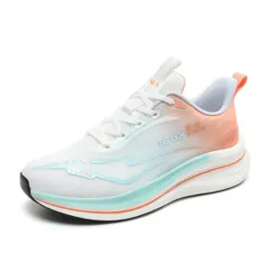 A high quality men's basketball style sneaker with cushioning, mesh upper, thick soft sole, and "16X" detail in white with light blue and orange accents. Available for OEM/ODM customization.