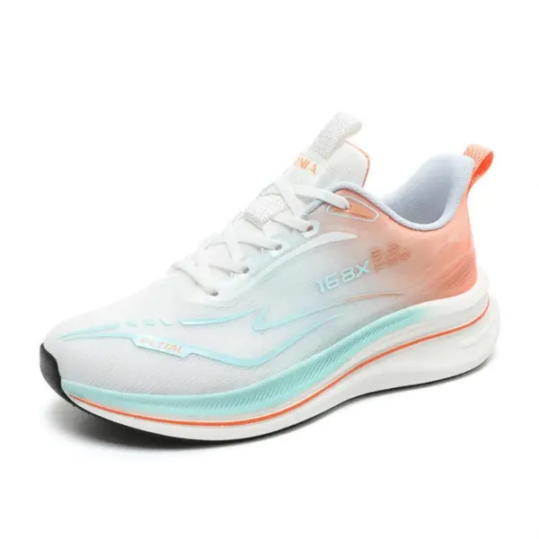 A high quality men's basketball style sneaker with cushioning, mesh upper, thick soft sole, and "16X" detail in white with light blue and orange accents. Available for OEM/ODM customization.