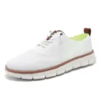 Big Size Men's lace-up lightweight sneakers featuring a breathable hollow-out flying weave, EVA segmented sole, white laces, brown trim and heel pull tab—ideal for OEM/ODM customization.