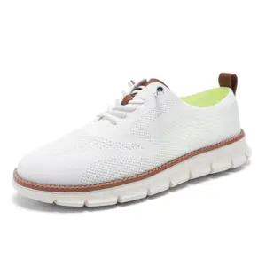Big Size Men's lace-up lightweight sneakers featuring a breathable hollow-out flying weave, EVA segmented sole, white laces, brown trim and heel pull tab—ideal for OEM/ODM customization.