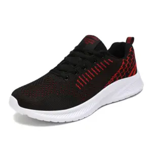 Men's Casual Sneakers: black mesh, flying weaving design, lightweight with EVA sole, lace-up style. Shown at an angle on a white background. Available for OEM/ODM customization.