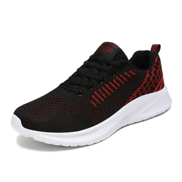 Men's Casual Sneakers: black mesh, flying weaving design, lightweight with EVA sole, lace-up style. Shown at an angle on a white background. Available for OEM/ODM customization.