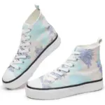 Hot Sale Zapatos Women Casual Custom Canvas Sneaker Shoes with blue palm leaf print, white laces, and rubber soles. Trendy high-tops for women available for OEM/ODM customization.