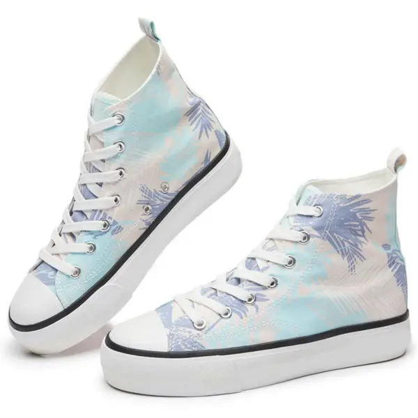 Hot Sale Zapatos Women Casual Custom Canvas Sneaker Shoes with blue palm leaf print, white laces, and rubber soles. Trendy high-tops for women available for OEM/ODM customization.