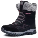 Wholesale customizable leather women’s snow boots with gray faux fur lining, pink accents, rugged gray sole, "FASHION" text on side and tongue; warm, breathable, lace-up design available for OEM/ODM customization.