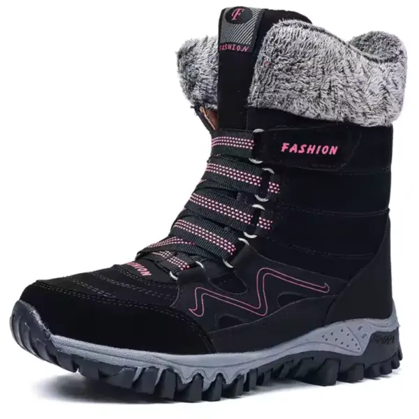 Wholesale customizable leather women’s snow boots with gray faux fur lining, pink accents, rugged gray sole, "FASHION" text on side and tongue; warm, breathable, lace-up design available for OEM/ODM customization.