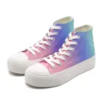 Custom Wholesale High Top rainbow lace-up thick-soled canvas shoes with classic running rubber flats, featuring a gradient from pink to blue to green. White laces and soles included. Available for OEM or ODM customization.