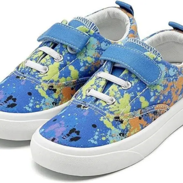 2025 New Solid Anti-slip Buckle Canvas Shoes: Breathable children’s sports loafers with white soles, elastic laces, and blue hook-and-loop straps—ideal for customizable OEM/ODM running flats.