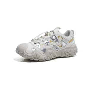 Factory Wholesale Hot Selling Thick Soled Sports Sneakers for women in white and beige with metallic silver accents, lace toggle closure, and breathable mesh PU, displayed on a white background.