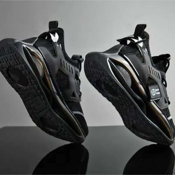 A pair of Wholesale Breathable Athletic Fitness Jogging Tennis Shoes Sport Running Sneakers for men with chunky soles, made by an OEM ODM manufacturer, are upright on a gray background highlighting the tread and side details.