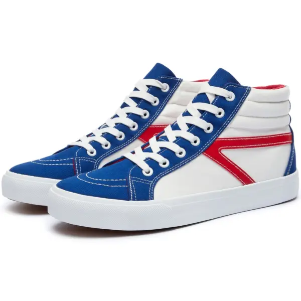 The 2024 Fashion Breathable Mesh Casual Wholesale Sports Running Sneaker features blue, white, and red panels, white laces and soles, shown from a front-side angle; OEM/ODM options available.