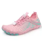 A pink Wholesale Customized Outdoor Beach Flat Anti-slip Breathable Sneaker with aqua accents, textured sole, and toggle lace closure—ideal for OEM ODM customization and swimming sports for children.