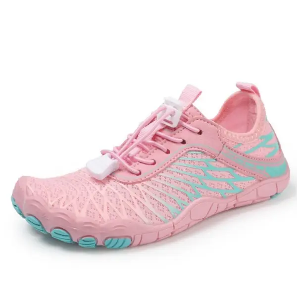 A pink Wholesale Customized Outdoor Beach Flat Anti-slip Breathable Sneaker with aqua accents, textured sole, and toggle lace closure—ideal for OEM ODM customization and swimming sports for children.