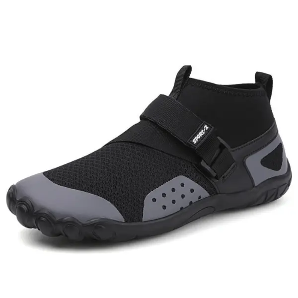 Black and gray minimalist OEM ODM outdoor water shoes with a breathable mesh upper, adjustable strap, and individual toe compartments—ideal for barefoot running, fitness, fishing, or beach activities. Wholesale customization available.