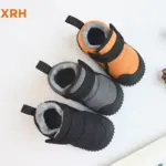 Three pairs of XRH Cold Sticky Casual Customized Kids' Winter Snow Boots in black, grey, and orange are displayed on a white surface with the XRH logo. OEM and ODM services available.