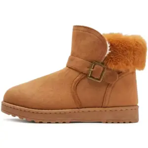 The Wholesale Wenzhou Factory Casual Faux Suede Outdoor Winter Ankle Snow Boots feature tan suede, a brown sole, side buckle strap, and faux fur trim. OEM and ODM customization available.
