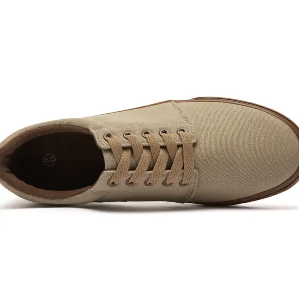 A top view of the XRH Factory New Customized Logo Men Canvas Sneakers, featuring tan canvas, brown laces, and a brown sole on a white background—perfect for OEM/ODM footwear customization.
