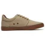 The XRH Factory New Customized Logo Men's Canvas Sneakers feature brown laces and a brown rubber sole in beige canvas, photographed from the side on a white background—available for OEM and ODM customization.