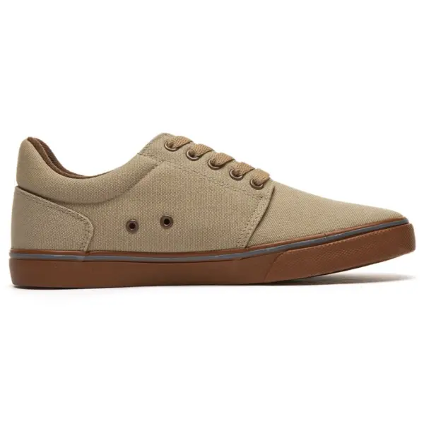 The XRH Factory New Customized Logo Men's Canvas Sneakers feature brown laces and a brown rubber sole in beige canvas, photographed from the side on a white background—available for OEM and ODM customization.