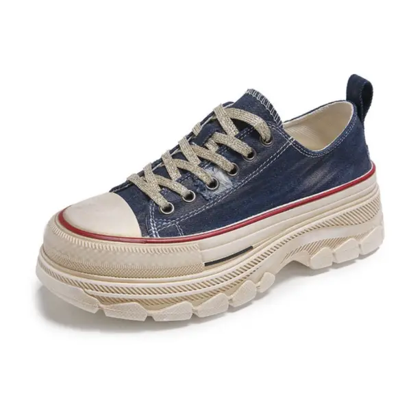The Women’s Casual Walking Style Canvas Shoes feature blue denim, a lace-up design, chunky beige multi-layered sole, and red stripe near the toe. New styles available for OEM and ODM customization.