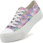 ODM Wholesale Mixed Colored Low Top Vulcanized Canvas Shoes feature a thick white sole, white laces, and a pastel pink, blue, green, and purple tie-dye pattern. Available for OEM/ODM customization and plus sizes.