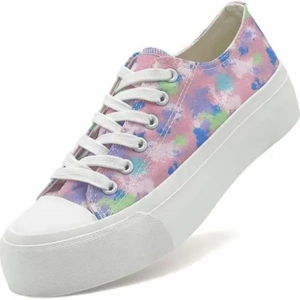 ODM Wholesale Mixed Colored Low Top Vulcanized Canvas Shoes feature a thick white sole, white laces, and a pastel pink, blue, green, and purple tie-dye pattern. Available for OEM/ODM customization and plus sizes.