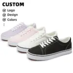 Four pairs of XRH Wholesale Custom Logo Canvas Sneakers in purple, pink, white, and black are displayed; OEM/ODM services enable customized logo, design, and color for these classic men's casual fashion shoes.