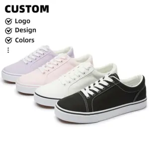 Four pairs of XRH Wholesale Custom Logo Canvas Sneakers in purple, pink, white, and black are displayed; OEM/ODM services enable customized logo, design, and color for these classic men's casual fashion shoes.