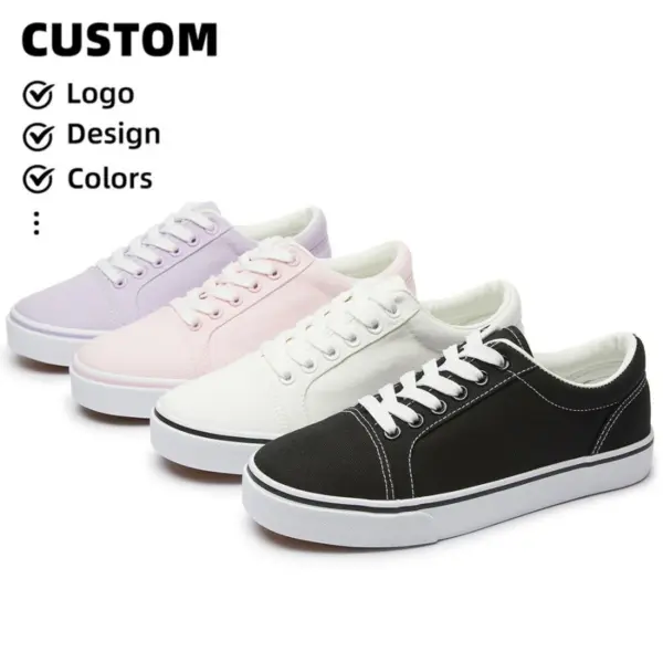 Four pairs of XRH Wholesale Custom Logo Canvas Sneakers in purple, pink, white, and black are displayed; OEM/ODM services enable customized logo, design, and color for these classic men's casual fashion shoes.