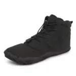 A pair of black, high-top Factory Wholesale Direct Sale Fashion Outdoor Men Women Snow Boots, featuring a rugged sole and elastic laces for OEM ODM partners, is displayed against a plain white background.