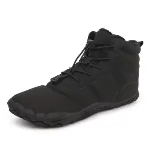 A pair of black, high-top Factory Wholesale Direct Sale Fashion Outdoor Men Women Snow Boots, featuring a rugged sole and elastic laces for OEM ODM partners, is displayed against a plain white background.