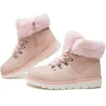 2025 Colorful Boots: Women's fashion faux suede plush snow ankle boots in light pink with faux fur lining, metal eyelets, side zippers, and thick white rubber soles—available for OEM and ODM customization.