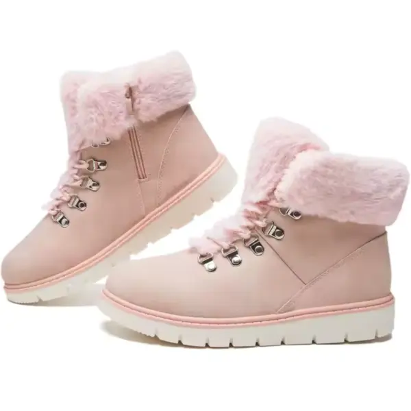 2025 Colorful Boots: Women's fashion faux suede plush snow ankle boots in light pink with faux fur lining, metal eyelets, side zippers, and thick white rubber soles—available for OEM and ODM customization.