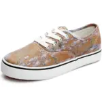 Lightweight female beautiful paint canvas shoes for women and men, featuring a marbled brown, gray, and white pattern, white laces, a white sole with black stripe, OEM/ODM options, ideal for colorful walking style.