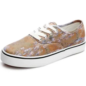 Lightweight female beautiful paint canvas shoes for women and men, featuring a marbled brown, gray, and white pattern, white laces, a white sole with black stripe, OEM/ODM options, ideal for colorful walking style.