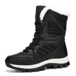 OEM ODM 2025 Men's and Women's Large Size Round Toe Snow Boots feature black PU, white fur lining, lace-up front, rugged TPR sole, stitching details, and warm cotton—ideal for daily winter wear. Customization available for OEM ODM.
